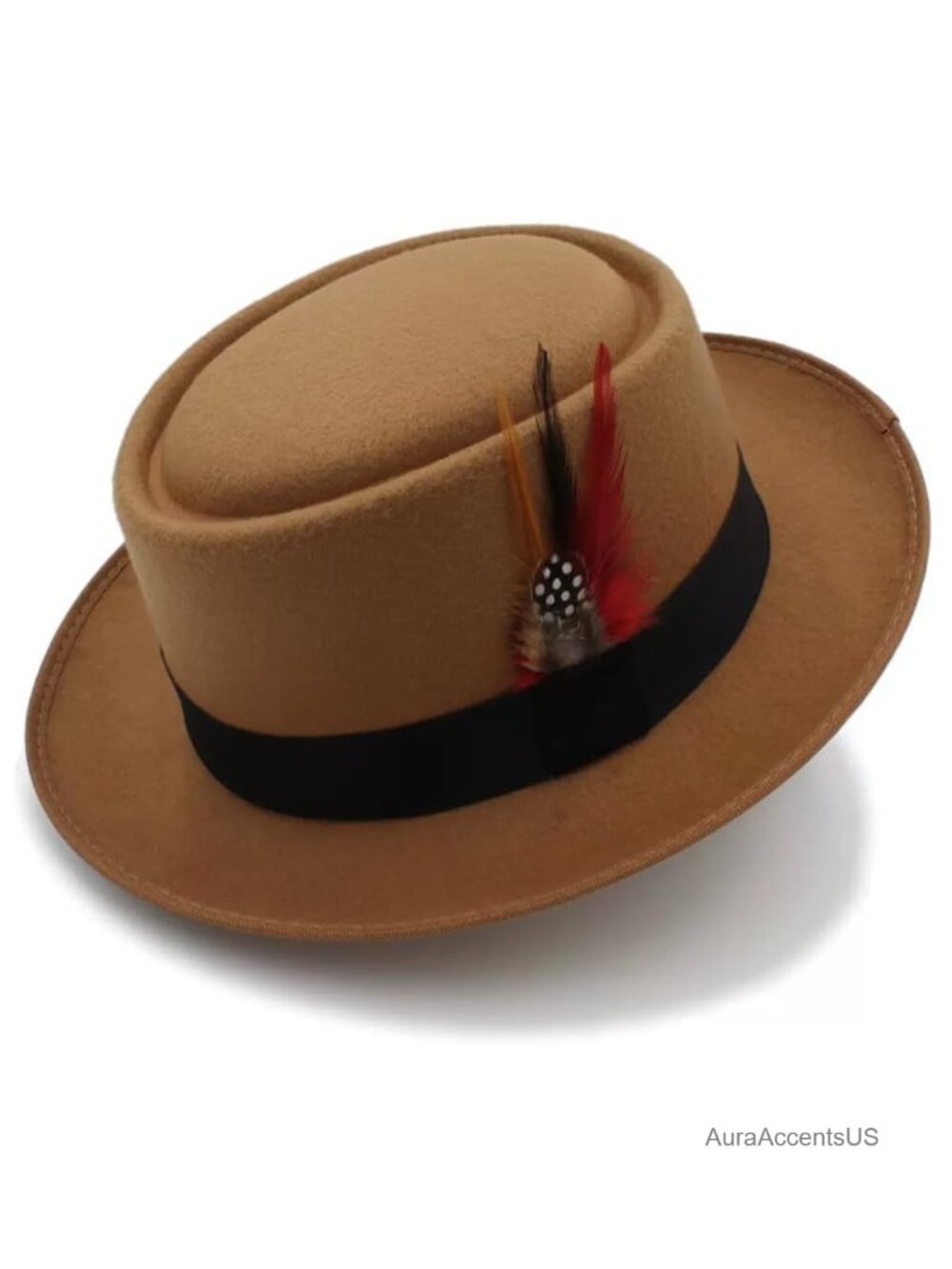 Pork Pie Fedora Hat with Feather Flat Top Panama Jazz Cap Cotton Polyester
